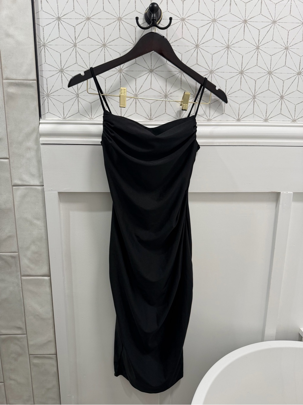Windsor Black Ruched Cowl Neck Bodycon Midi Dress NWT Size Small